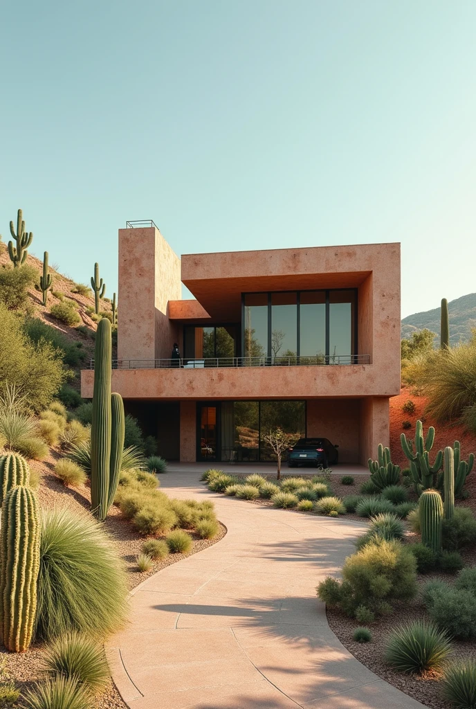 A visually pleasing designed green architecture studio building on a gentle slope, in a hot and arid climate, where nopales and cacti grow, with income for an underground parking lot, with a solar panel system, an interesting facade
