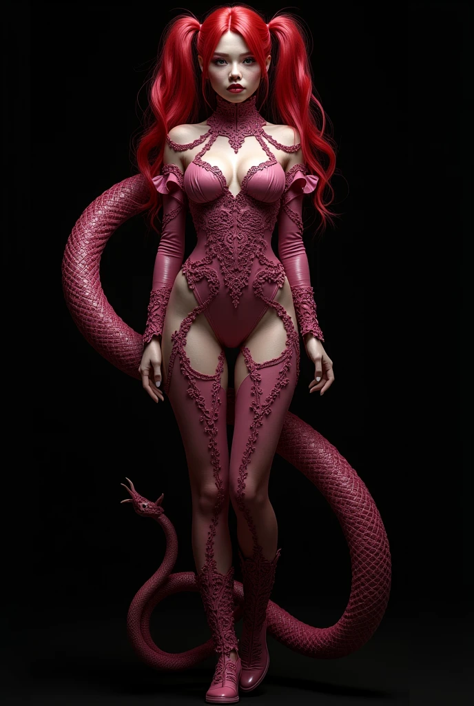Red-haired snake woman,com penteado pigtails,with pink gothic pink clothes,fully body,black backdrop