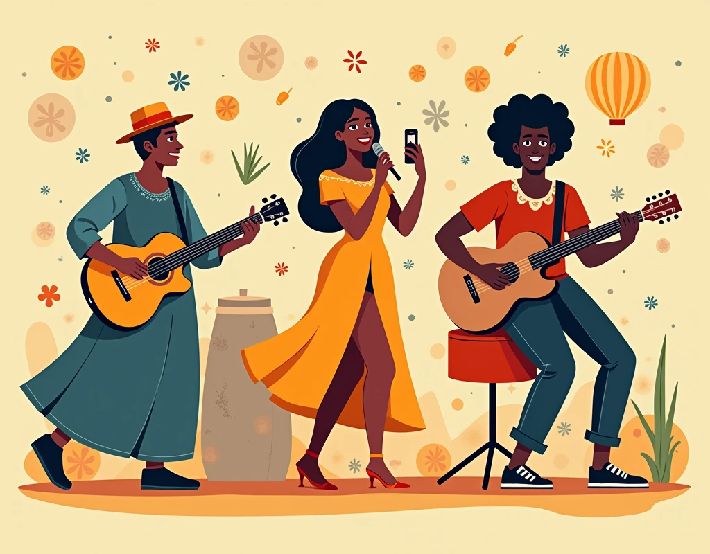 Create an image illustrating characteristics of three musical styles: gospel, samba, and pop