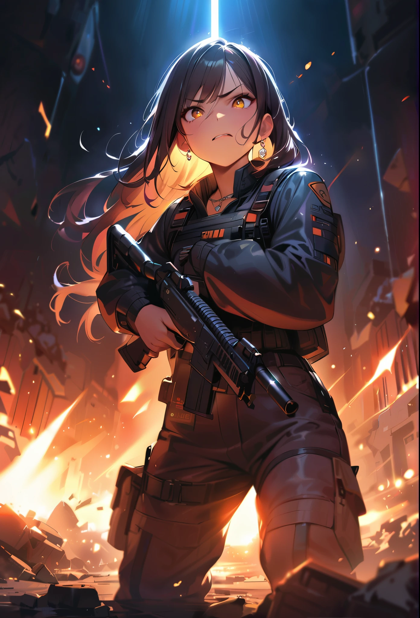 masterpiece, Highest quality, (((Ruined battlefield)))、(((Angry Face)))、Raising awareness, Large firearms, プラチナEarrings, Platinum Necklace, Black combat suit,Carrying a weapon, One Girl, cute, (Dynamic Lighting:1.2), Cinema Lighting, Delicate facial features, Detailed eyes, Sharp pupils, Realistic student, Written boundary depth, ボケ Written boundary depth, Sharp focus, (Very detailed, bloom, Shine:1.4), Lots of little gems, (((long_hair))),　Twin tails、Earrings、分けた前hair、銀hair、whole body、Ultra close-up footage、The top is transparent up to the chest.、See-through design。The bottoms are a very short navy blue pleated skirt.、Fits snugly around the waist。The background is simple white.、this、The text is easier to see.。The light source is a soft light from the front....、The overall atmosphere is bright and clean....。