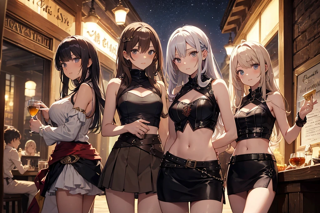 A group of  female medieval fantasy adventurers, (in tavern), various hair styles, harem, night, details face, short skirt, seducing, sleeveless, armor, midriff 