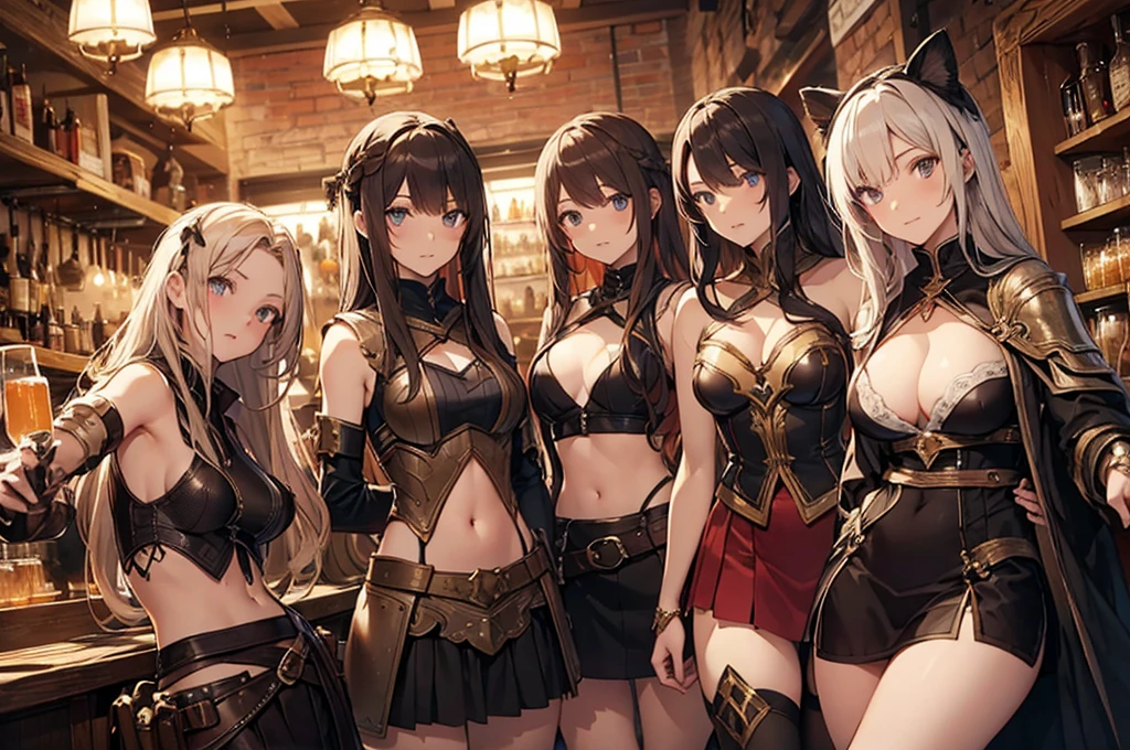 A group of  female medieval fantasy adventurers, (in tavern), various hair styles, harem, night, details face, short skirt, seducing, sleeveless, armor, midriff 