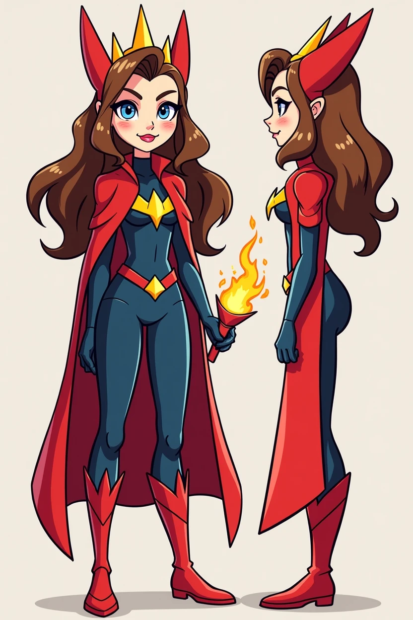 Create an image of Janet from Brawl Stars as Scarlet Witch, designed in a 2D, hand-drawn style that looks like it was illustrated by a child. Janet should have her signature look but with brown hair styled to match Scarlet Witch’s, instead of her usual color. She should be dressed as Scarlet Witch, wearing the iconic bright red crown and a flowing red cape. Make sure there’s no mask, just the crown. In her hands, she should be holding a small staff instead of flames. Please show her from the side, back, and front positions. The overall aesthetic should be simple, colorful, and playful, with bold lines and a slightly rough, sketch-like appearance.