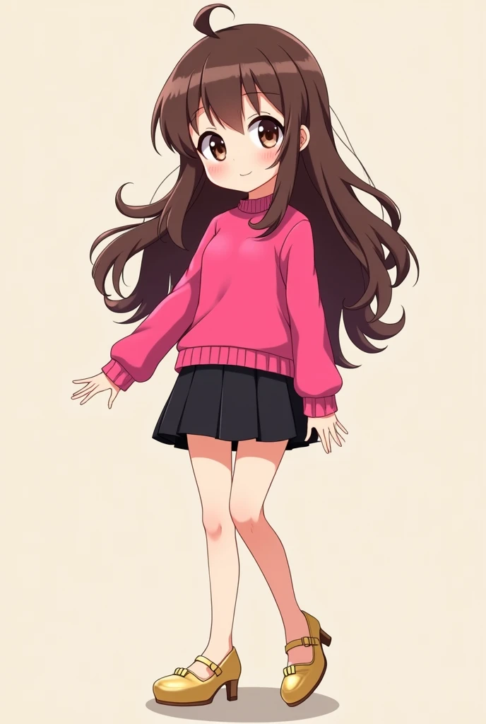 A female anime character who is around 8 years old, has long wavy hair, has brown eyes, wears a hot pink long-sleeved outfit, wears a black skirt that goes almost to the knee and finally wears a pair of gold high-heeled sandals.