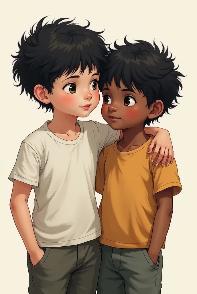 two boys with black hair. One has white skin, the other has a little dark skin.. Digital drawing sketch style