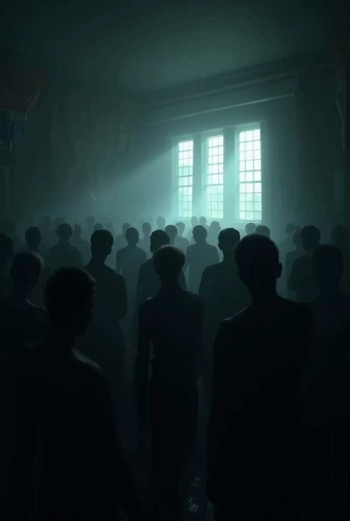 Blurry, dark atmosphere, many silhouettes, crowded, inside, windows, far light 