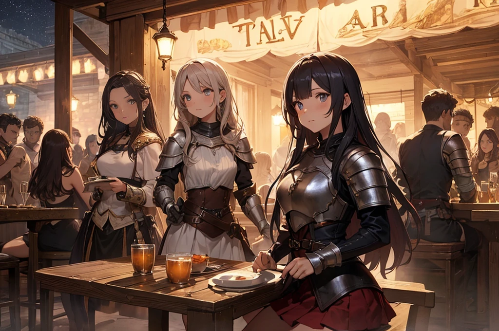 A group of female medieval fantasy adventurers, (in tavern), various hair styles, harem, night, details face, short skirt, seducing, sleeveless, armor