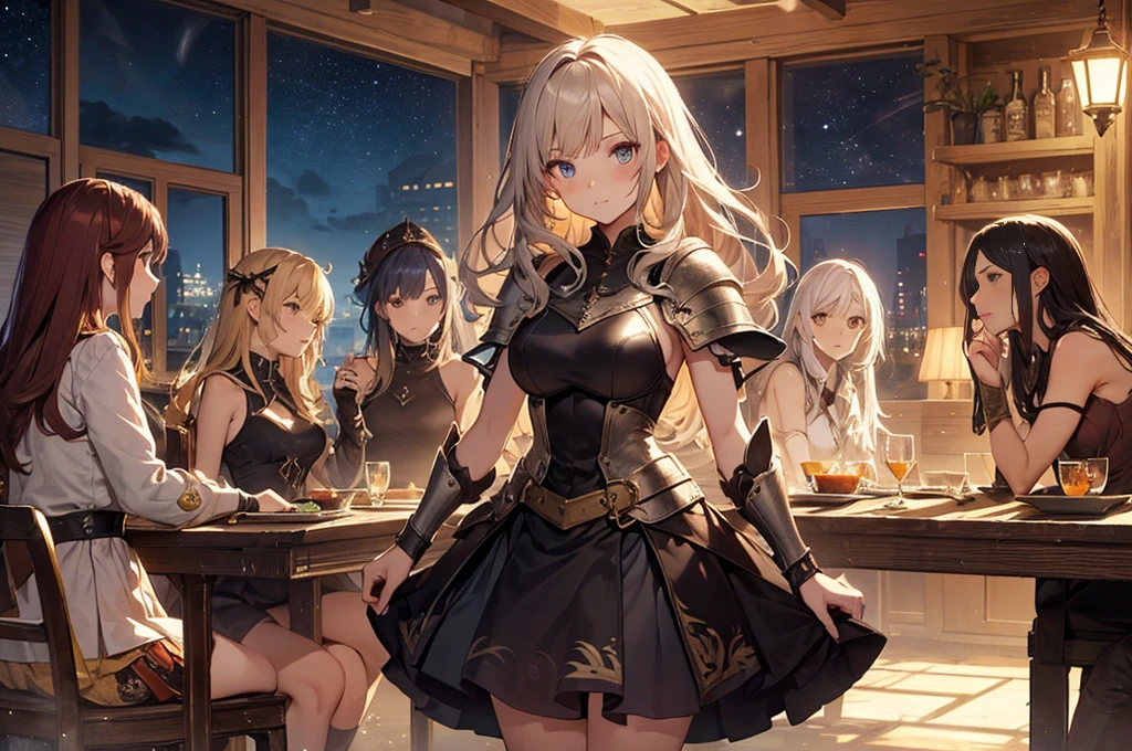 A group of female medieval fantasy adventurers, (in tavern), various hair styles, harem, night, details face, short skirt, seducing, sleeveless, armor