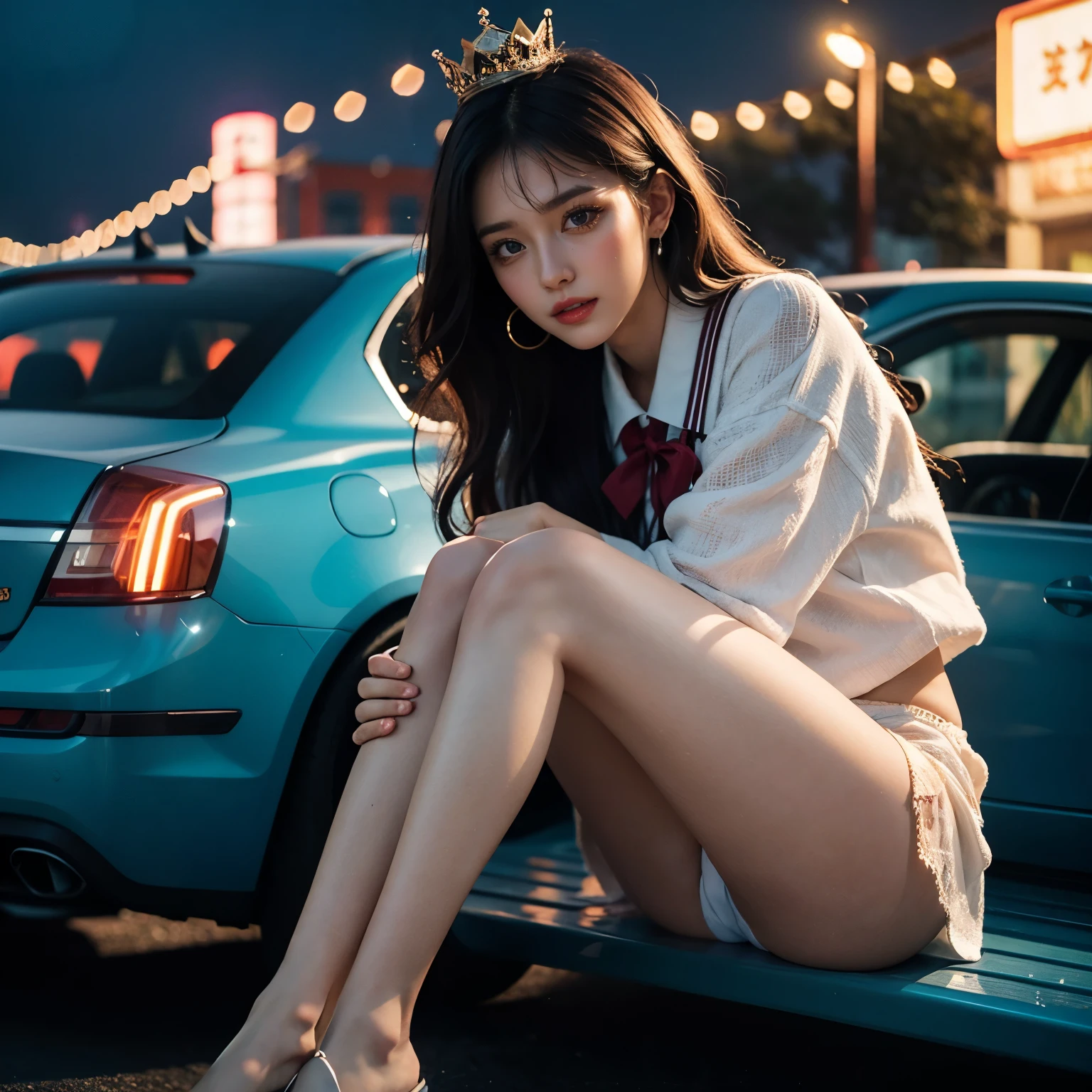 SFW, (Closeup from Crotch to Face) ExtremelyDetailed (SchoolGirl Lean against the Car) Spread Knees Up, perfect face, Brilliant(Tiny Crown), Detailed(Delicate Clothing textures) Sailor Uniform with Red Ribbon (((WhitePanties))), PerfectHand with 4Fingers and one Thumb, Corrected Childish Fingers, Corrected Leg to Foot Line, ((Starry Colorful Lights at Dusk City))(Car(Specular Reflection:1.28)), ((Hidden Arm) Hidden Sole) Red[High-Heels], TopQuality 8K Ultra-detailed masterpiece (ProfessionalPhoto:1.37)(Acutance:0.8)