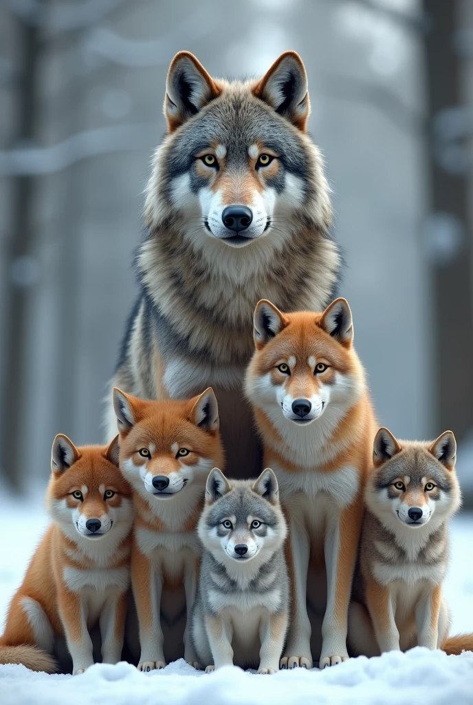 Create a hyper-realistic, photorealistic image of a stunning wolf family. The family includes a majestic father wolf, a graceful mother wolf, and five wolf pups of various ages. Each wolf displays unique colors and fur patterns, showcasing a rich diversity of hues and textures. They are all calmly gazing at the viewer, embodying a sense of tranquility and strength. The background features a softly blurred snowy forest, adding depth and a serene atmosphere. The wolves' fur is remarkably beautiful, capturing their natural elegance and power.