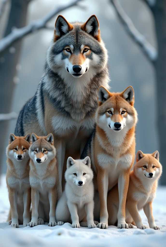 Create a hyper-realistic, photorealistic image of a stunning wolf family. The family includes a majestic father wolf, a graceful mother wolf, and five wolf pups of various ages. Each wolf displays unique colors and fur patterns, showcasing a rich diversity of hues and textures. They are all calmly gazing at the viewer, embodying a sense of tranquility and strength. The background features a softly blurred snowy forest, adding depth and a serene atmosphere. The wolves' fur is remarkably beautiful, capturing their natural elegance and power.