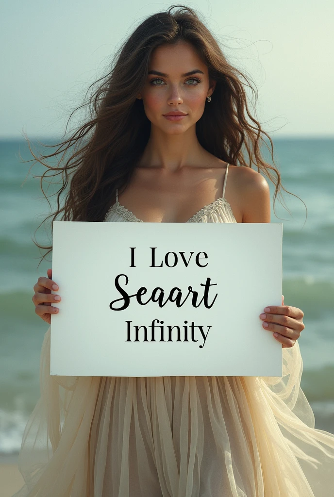 Beautiful girl with wavy long hair, bohemian dress, holding a white board with text "I Love Seaart Infinity" and showing it to the viewer