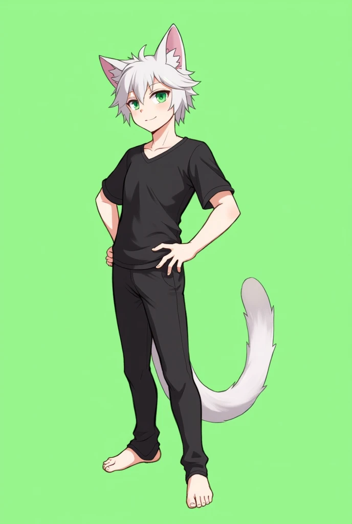 solo, tail, shirt, animal ears, furry, black shirt, pants, green eyes, standing, full body, calico cat, green background, short sleeves, short hair, white hair, looking at viewer, body fur, closed mouth, smile, furry male, male focus, barefoot, 1boy, cat tail, :3, leotard, color guide, cartoon stile, 4k, hd, hyper detailed, high quality