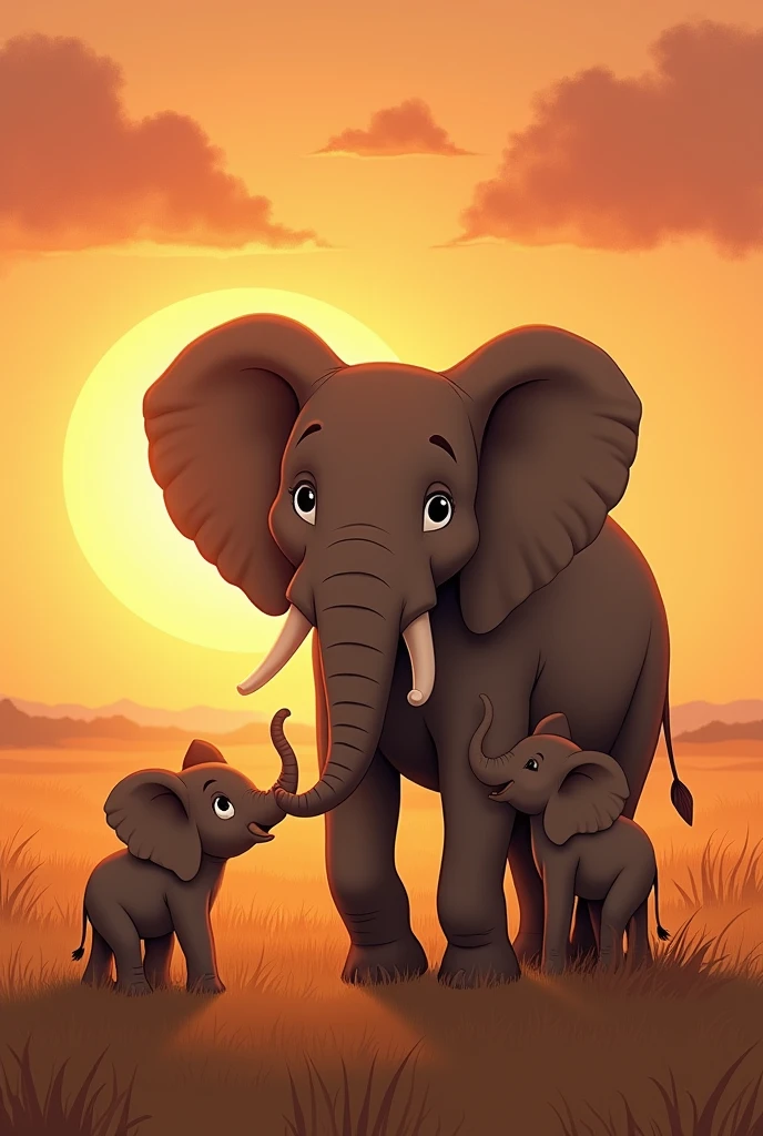 "Create a heartwarming illustration of two baby elephants Trombinha and Pipoca standing beside happy father elephant Osot Sog, looking up at him with love and admiration. The sun is almost set, with the last golden rays illuminating the scene. The African savanna is calm and peaceful, and the three elephants are together, sharing a moment of love and unity. The style should be warm and comforting, perfect for concluding a children's story with a strong sense of family and connection. more realist art