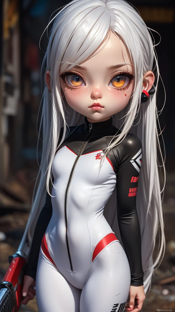 single,1woman\((chibi:1.8),cute,kawaii,,(white hair:1.7),(very long hair:1.7),bumps,(ear\(fluffy white Rabbit-ear\):1.3), (red eye),big eye,beautiful bright eye,white skin color,big hair bow,(suit\(combat suit, (very tight :1.5),(show body line:1.2),weapons\ )), BREAK ,Background\(rubble city,(close up woman), BREAK ,quality\(8K,extremely detailed CG unit wallpaper, masterpiece,high resolution,top-quality,top-quality real texture skin,hyperrealistic,increase resolution,RAW photos,best quality,very detailed,wallpaper,golden ratio\)