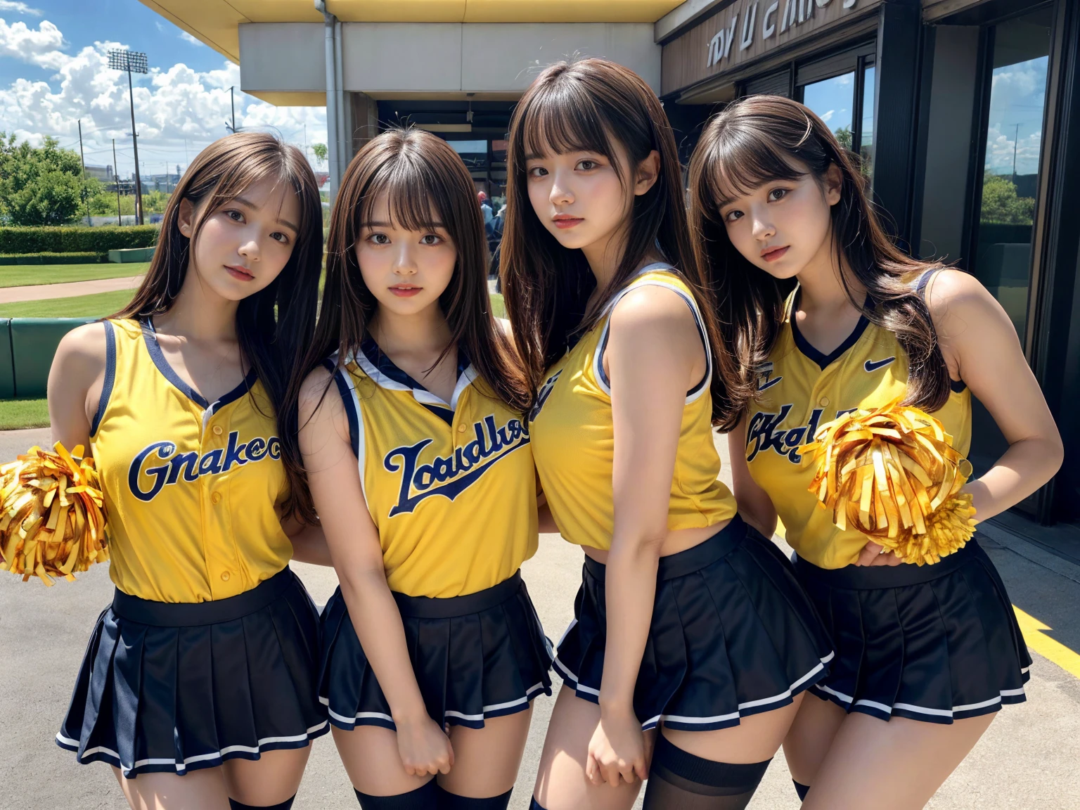 masterpiece, best quality, illustration, Super detailed, fine details, High resolution, 8K,wall paper, perfect dynamic composition,(Details High quality, realistic depiction of eyes:1.3), (3 girls), BREAK (cheerleader uniform with yellow as basic color:1.3), (holding a yellow pompoms in hand:1.4), (sleeveless yellow tunic with baseball team logo:1.4), yellow tops, (bold V-neck:1.3), ((Blue lines, black lines) on tops:1.3), ((fit and flare, A-line):1.3), (A-line yellow rah-rah skirt:1.3), mini skirt, (black socks:1.3), (sports shoes:1.2), sitting, open legs, short bob hair, in a hotel room in the background, deep on field, large breasts, black hair color, Big Natural Color Lip, (perfect body shape), crying a little、Harajuku style、20 year old girl、cute type、beautiful legs, Gravure Idol