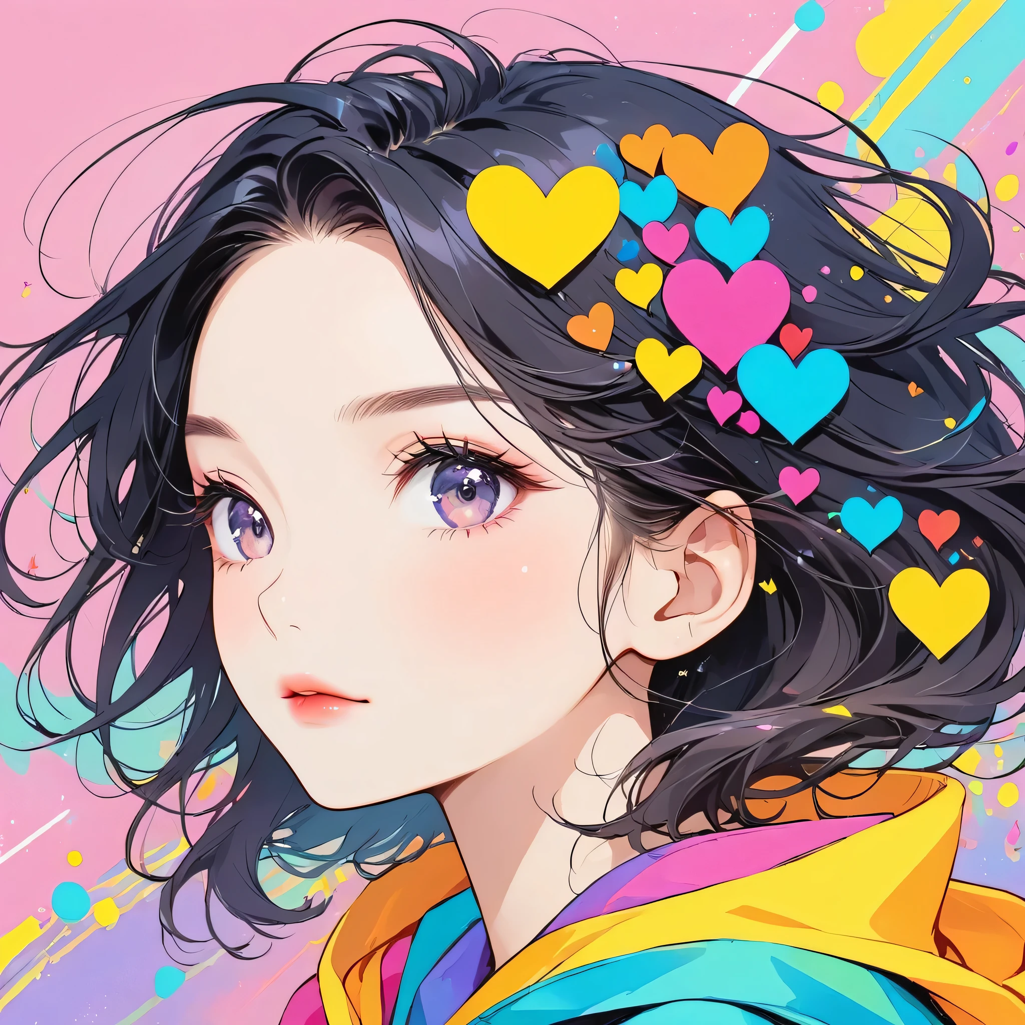 Black Star pastel color style, Simple Line Initialism,Abstract art,Urban Background, (((The most beautiful girl of all time))), Sweet face. Lips in love, colorful hearts, stylish design