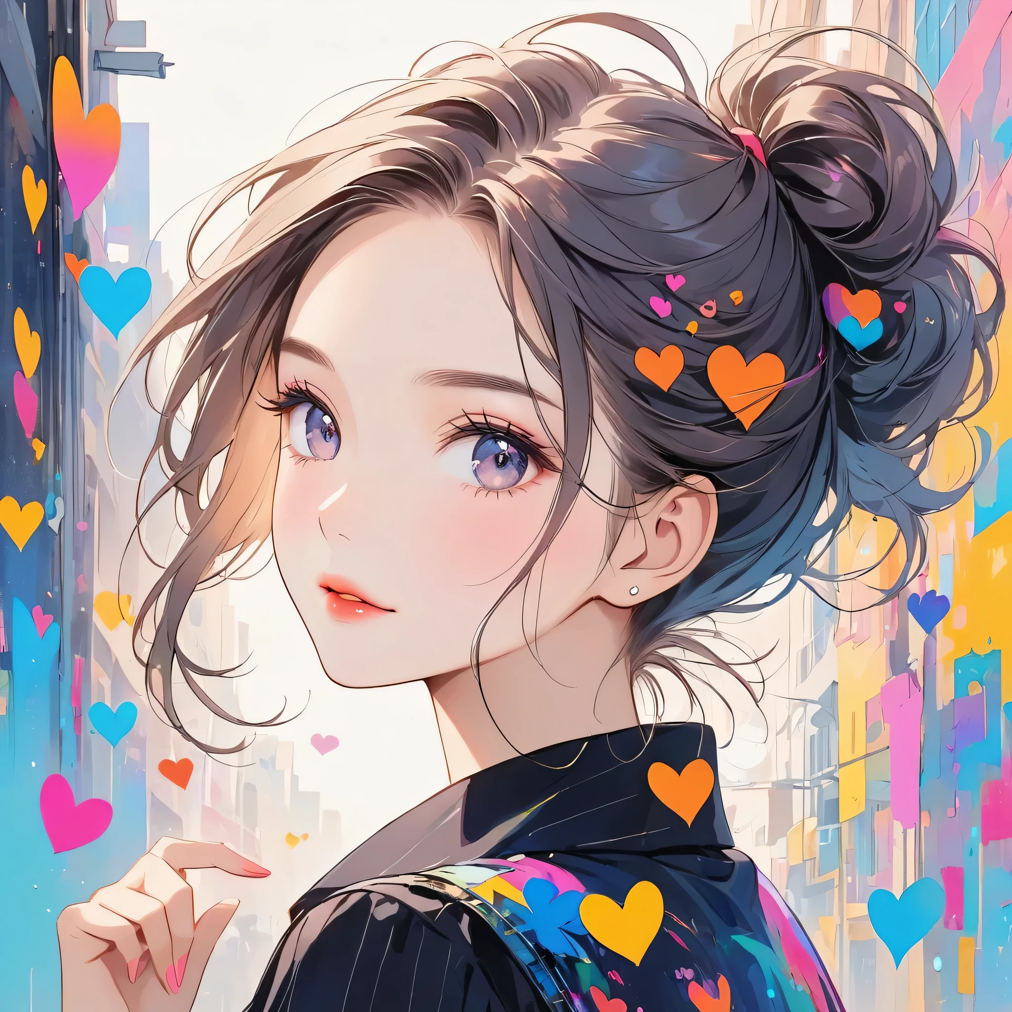 Black Star pastel color style, Simple Line Initialism，Abstract art，Urban Background, (((The most beautiful girl of all time))), Sweet face. Lips in love, colorful hearts, stylish design