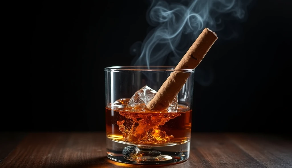 glass of wiskeywith many details with brown tabaco horizontal with smoke in a black background in the air