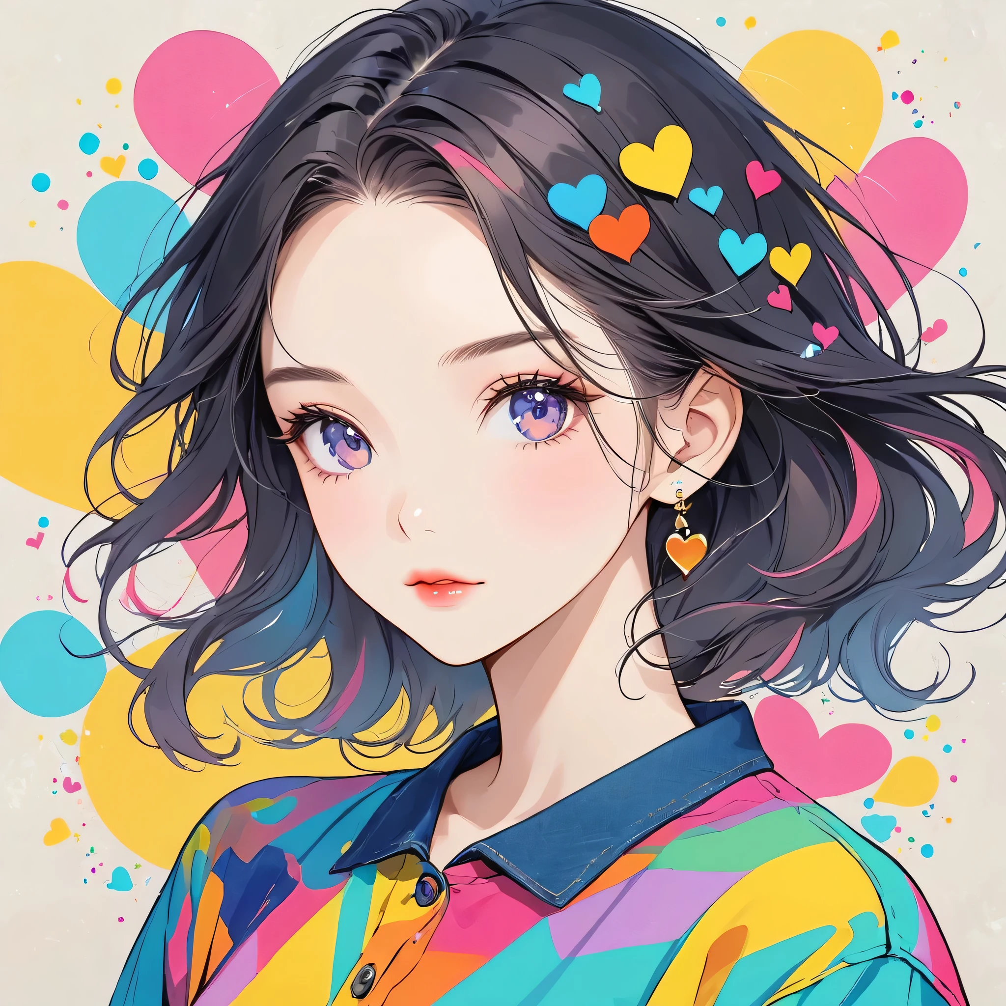 Black Star pastel color style, Simple Line Initialism,Abstract art,Urban Background, (((The most beautiful girl of all time))), Sweet face. Lips in love, colorful hearts, stylish design