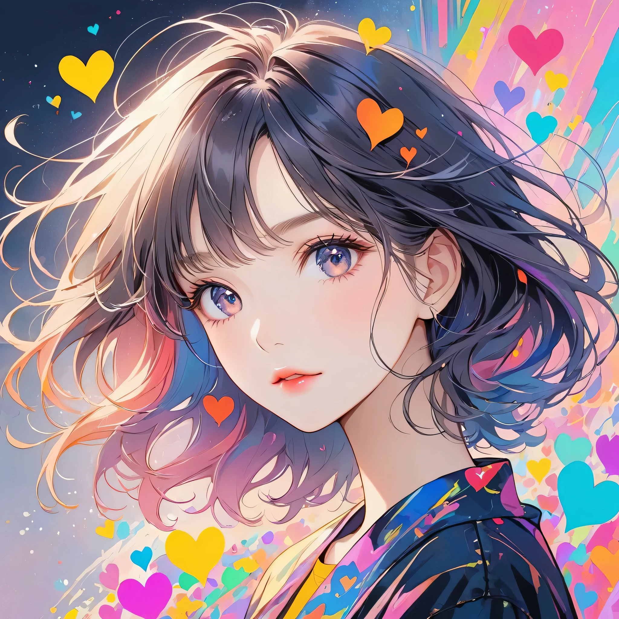 Black Star pastel color style, Simple Line Initialism,Abstract art,Urban Background, (((The most beautiful girl of all time))), Sweet face. Lips in love, colorful hearts, stylish design