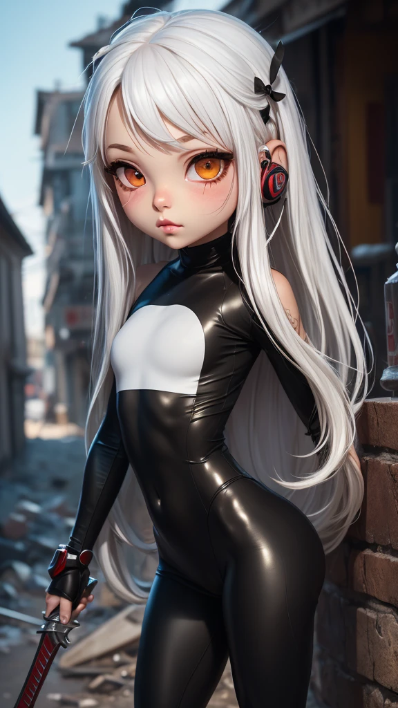 single,1woman\((chibi:1.8),cute,kawaii,Little boy,(white hair:1.7),(very long hair:1.7),bumps,(ear\(fluffy white Rabbit-ear\):1.3), (only 1 small rabbit tail on the hip:1.2),(red eye),big eye,beautiful bright eye,white skin color,big hair bow,(suit\(combat suit,(very tight :1.5 ),(show body line:1.2),weapons\)), BREAK ,Background\(rubble city,(close woman), BREAK ,quality\(8K,extremely detailed CG unit wallpaper, artwork master,high resolution,top-quality,top-quality real skin texture,hyperrealistic,increase resolution,RAW photos,best quality,highly detailed,wallpaper,golden ratio\)