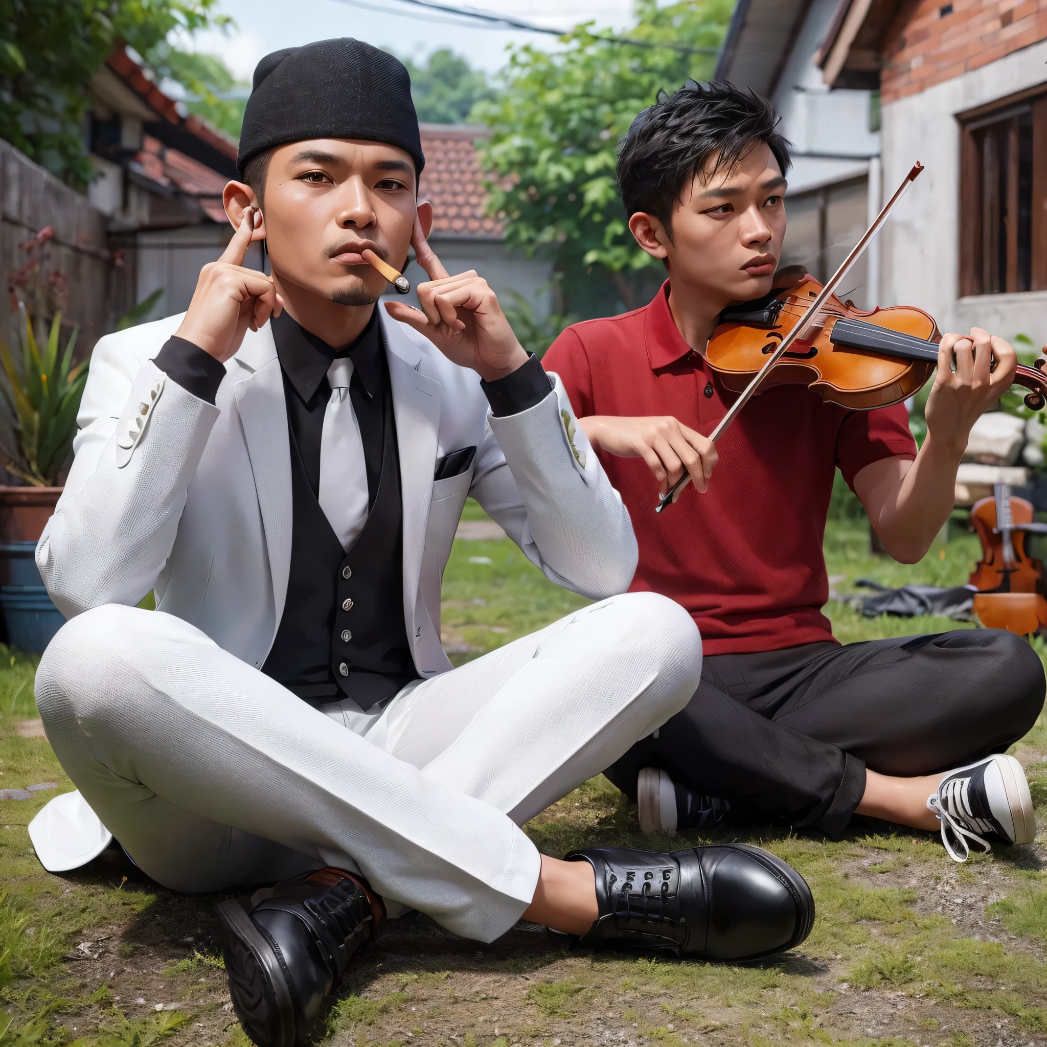 3d hyper realistic a 45 year old Indonesian man wearing a black peci cap, white jacket and pants,black shoes ,and a cigar in his mouth while covering his ears with his two fingers sitting relaxed in the yard accompanied by an Asian man ,25 years old, short and spiky hair, wearing a red polo shirt and black pants, playing the violin ,UHD,4k