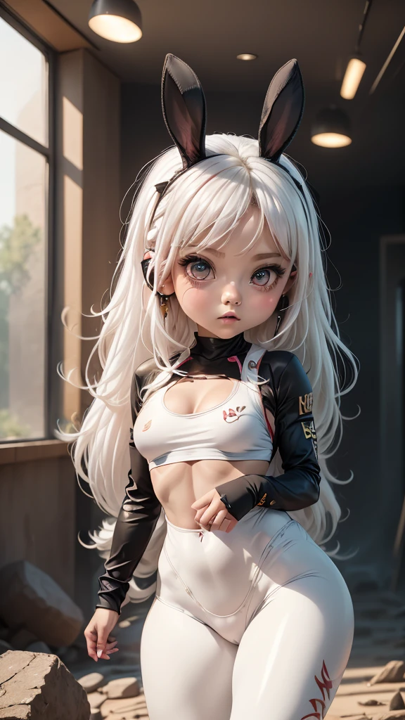 single,1woman\((chibi:1.8),cute,kawaii,Little boy,(white hair:1.7),(very long hair:1.7),bumps,(ear\(fluffy white Rabbit-ear\):1.3), (only 1 small rabbit tail on the hip:1.2),(red eye),big eye,beautiful bright eye,white skin color,big hair bow,(suit\(combat suit,(very tight :1.5 ),(show body line:1.2),weapons\)), BREAK ,Background\(rubble city,(close woman), BREAK ,quality\(8K,extremely detailed CG unit wallpaper, artwork master,high resolution,top-quality,top-quality real skin texture,hyperrealistic,increase resolution,RAW photos,best quality,highly detailed,wallpaper,golden ratio\)