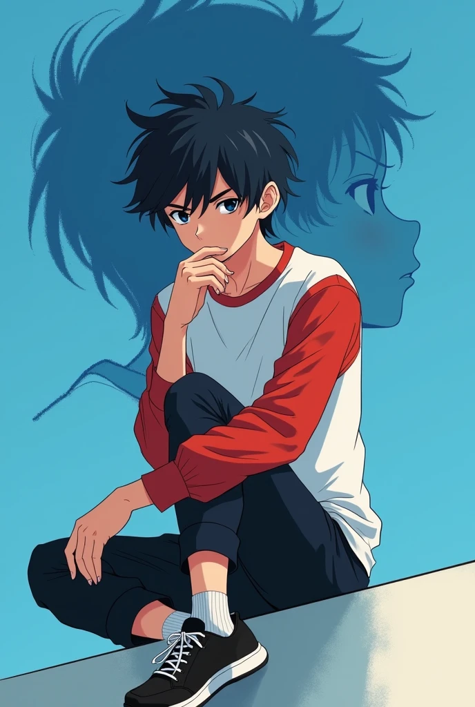 a male anime character with a white shirt and red long sleeves, with black hair, black pants, black and white shoes with a blue background with a child's face and striking a tender pose and with messy hair