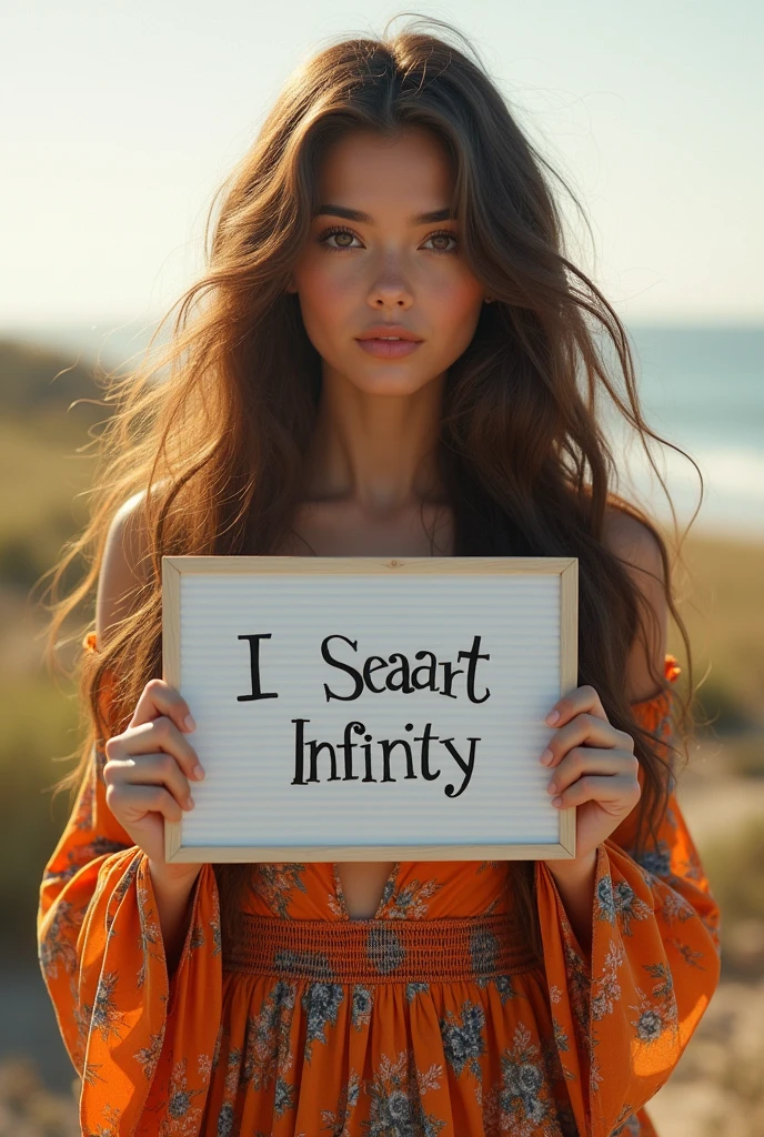 Beautiful girl with wavy long hair, bohemian dress, holding a white board with text "I Love Seaart Infinity" and showing it to the viewer