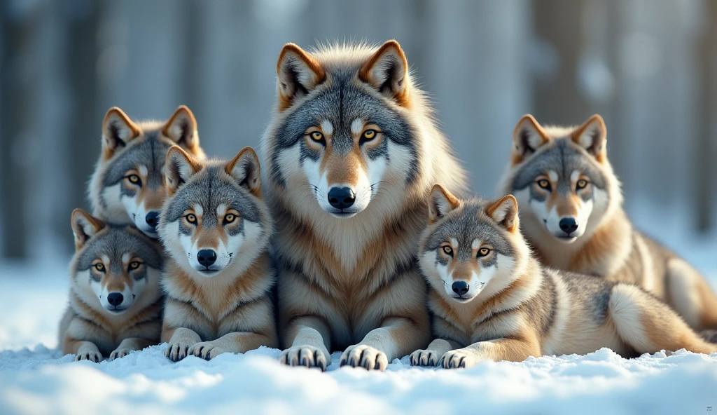 Create a hyper-realistic, photorealistic image of a stunning wolf family. The family includes a majestic father wolf, a graceful mother wolf, and five wolf pups of various ages. Each wolf displays unique colors and fur patterns, showcasing a rich diversity of hues and textures. They are all calmly gazing at the viewer, embodying a sense of tranquility and strength. The background features a softly blurred snowy forest, adding depth and a serene atmosphere. The wolves' fur is remarkably beautiful, capturing their natural elegance and power.