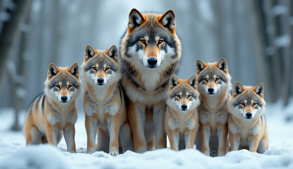Create a hyper-realistic, photorealistic image of a stunning wolf family. The family includes a majestic father wolf, a graceful mother wolf, and five wolf pups of various ages. Each wolf displays unique colors and fur patterns, showcasing a rich diversity of hues and textures. They are all calmly gazing at the viewer, embodying a sense of tranquility and strength. The background features a softly blurred snowy forest, adding depth and a serene atmosphere. The wolves' fur is remarkably beautiful, capturing their natural elegance and power.