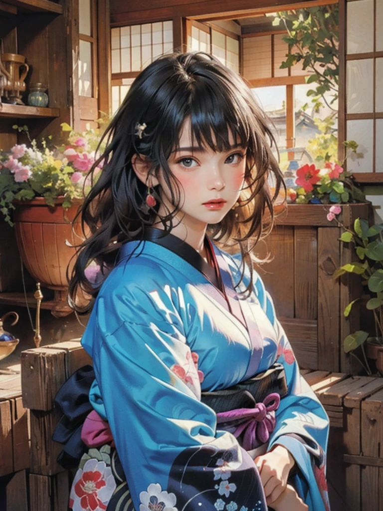 (highest quality、8k、32k、masterpiece)、(masterpiece, up to date,Exceptional:1.2), Anime, One girl,Front hair,black_hair, Beautiful 8k eyes,Looking_in_Audience,One person in,Are standing,((Very beautiful woman, Fuller lips, Japanese pintern kimono))、((Colorful Japanese kimono)))、(((Medium Shot)))、Blunt bung、(High resolution)、Very beautiful face and eyes、1 girl 、Round and small face、Narrow waist、delicine body、(highest quality high detail Rich skin details)、(highest quality、8k、Oil paints:1.2)、Very detailed、(Realistic、Realistic:1.37)、Bright colors、(((blackhair)))、(((longhair)))、(((cowboy pictures)))、((( Inside an old Japanese house)))、(masterpiece, highest quality, highest quality, Official Art, beautifully、aesthetic:1.2), (One girl), Very detailedな,(Fractal Art:1.3),colorful,Most detailed,Sengoku period(High resolution)、Very beautiful face and eyes、1 girl 、Round and small face、Tight waist、Delicine body、(highest quality high detail Rich skin details)、(highest quality、8k、Oil paints:1.2)、(Realistic、Realistic:1.37)、Greg Rutkowski Written by Alphonse Mucha Ropp, sun lips