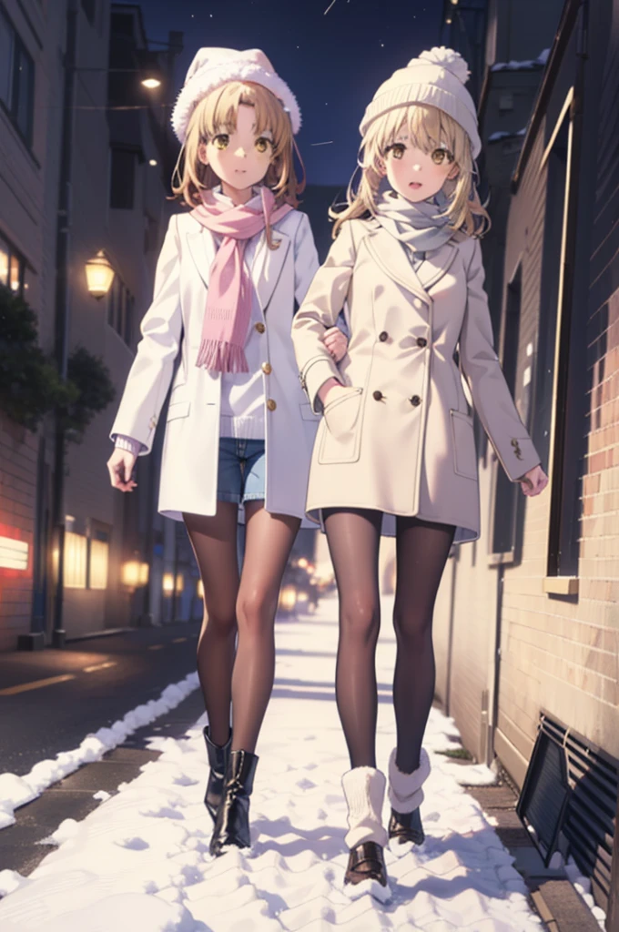 Irohaisshiki, isshiki iroha, Long Hair, Brown Hair, (Brown eyes:1.5), smile,Open your mouth,White Breath,low twin tail,Knitted hat,White scarf,Yellow long coat　Open front,Pink v-neck sweater,Short denim,Black pantyhose,short boots,Walking,snowが降っている,snowが積もっている,moon,night,snow,snow,snow,snow,whole bodyがイラストに入るように,　　　　　　　　　break outdoors, Building district,
break looking at viewer,whole body,
break (masterpiece:1.2), Highest quality, High resolution, unity 8k wallpaper, (figure:0.8), (Beautiful attention to detail:1.6), Highly detailed face, Perfect lighting, Highly detailed CG, (Perfect hands, Perfect Anatomy),