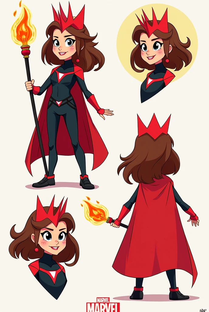 Create an image of Janet from Brawl Stars as Scarlet Witch, designed in a 2D, hand-drawn style that looks like it was illustrated by a child. Janet should have her signature look but with brown hair styled to match Scarlet Witch’s, instead of her usual color. She should be dressed as Scarlet Witch, wearing the iconic bright red crown and a flowing red cape. Make sure there’s no mask, just the crown. In her hands, she should be holding a small staff instead of flames. Please show her from the side, back, and front positions. The overall aesthetic should be simple, colorful, and playful, with bold lines and a slightly rough, sketch-like appearance, as if it was drawn with crayons or markers.