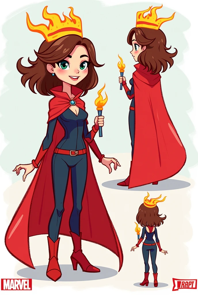 Create an image of Janet from Brawl Stars as Scarlet Witch, designed in a 2D, hand-drawn style that looks like it was illustrated by a child. Janet should have her signature look but with brown hair styled to match Scarlet Witch’s, instead of her usual color. She should be dressed as Scarlet Witch, wearing the iconic bright red crown and a flowing red cape. Make sure there’s no mask, just the crown. In her hands, she should be holding a small staff instead of flames. Please show her from the side, back, and front positions. The overall aesthetic should be simple, colorful, and playful, with bold lines and a slightly rough, sketch-like appearance, as if it was drawn with crayons or markers.