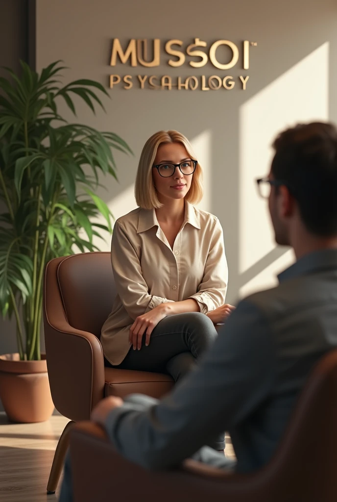 A stylish psychology office with the name "Mussoi Psychology" in the spotlight. The atmosphere is chic and cozy, with sophisticated furniture and a comfortable armchair for the psychologist and another for the patient. There is a stylish plant in the background, contributing to the welcoming feel of the space.

The psychologist is a blonde woman, green-eyed, with shoulder length hair and an athletic build. She wears glasses and is sitting in the armchair, attending to a patient whose face is not visible. The environment has soft lighting, creating a peaceful and inviting atmosphere.