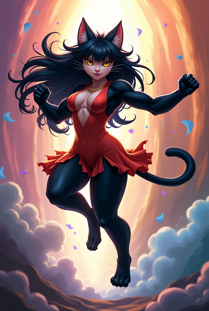 score_8_up, score_7_up, score_6, source_furry, source_anime, ((furry, anthro)), solo, solo focus, furred_cat, long fur, fluffy fur, fluffy long tail, blackbody, brawn eyes, black hair, very long hair, blunt bangs, revealing clothes, dress, colorful, abstract background, jumping
