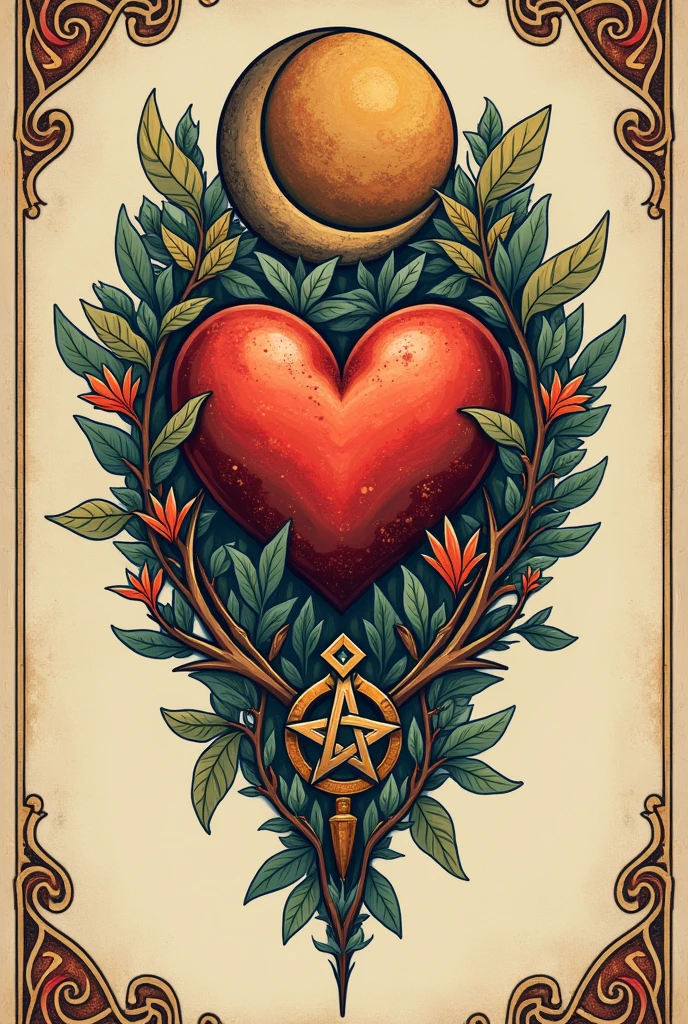 A Moani style tattoo that has a heart, a pentacle and a moon 