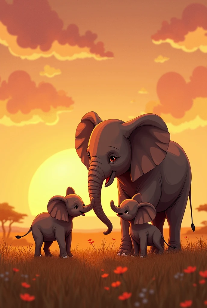 "Create a heartwarming illustration of two baby elephants Trombinha and Pipoca standing beside happy father elephant Osot Sog, looking up at him with love and admiration. The sun is almost set, with the last golden rays illuminating the scene. The African savanna is calm and peaceful, and the three elephants are together, sharing a moment of love and unity. The style should be warm and comforting, perfect for concluding a children's story with a strong sense of family and connection. more hiper realist art