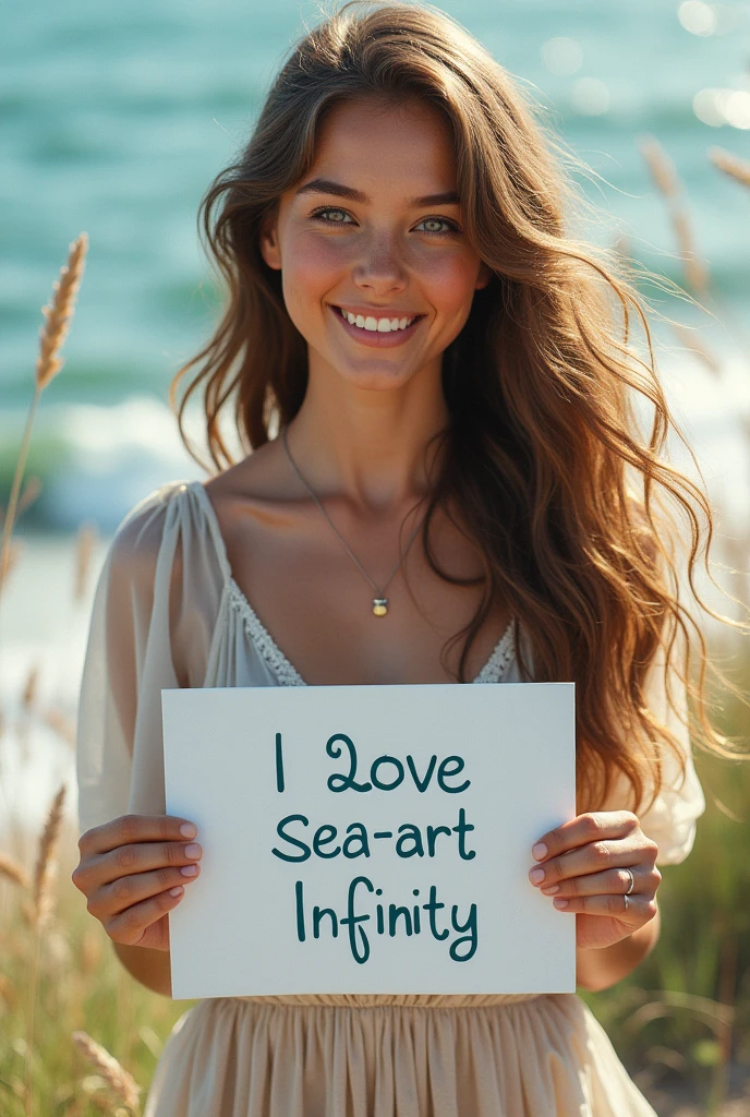 Beautiful girl with wavy long hair, bohemian dress, holding a white board with text "I Love Seaart Infinity" and showing it to the viewer