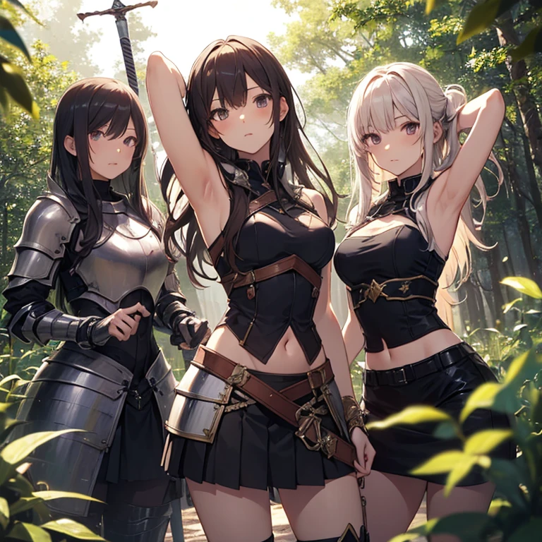 A group of  female knight, (in forest), various hair styles, harem, wearing armored clothes, metal armor, night, details face, , short skirt, seducing, sword, showing armpits, sleeveless, midriff 