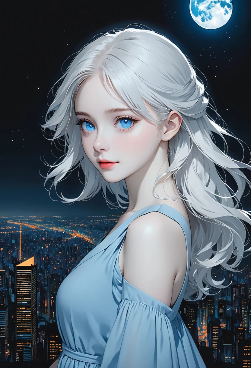 1 woman around 20 years old, pale skin, long white hair, blue colored eyes, wearing a simple light blue dress, black backdrop, over the city moon