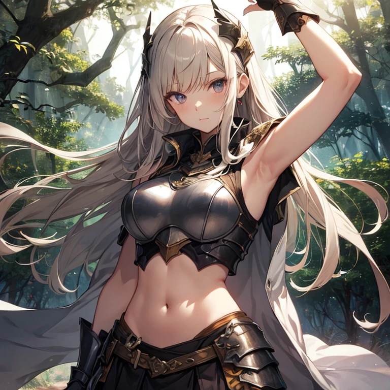 A group of female knight, (in forest), various hair styles, harem, wearing armored clothes, metal armor, night, details face, , short skirt, seducing, sword, showing armpits, sleeveless, midriff