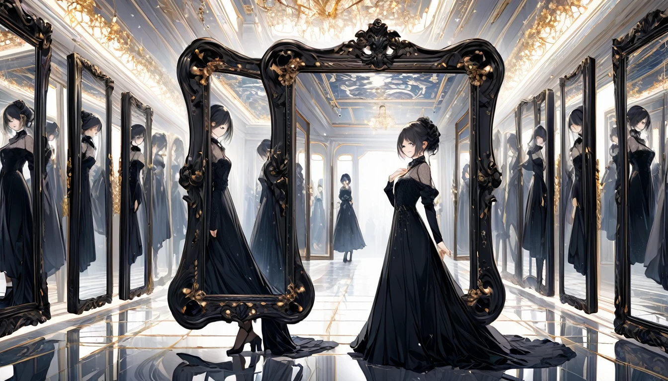**230. One person。An infinite hall of mirrors。mysterious+Illusion。Cowboy shot or close-up。
masterpiece, best quality, ultra detailed (Detailed fingers), (Emotional), (Breathtakingly beautiful),
(main part: 1.2 Whole body。), (Anime Style), (Very detailed), (Illusion),
(超High resolution, High resolution), (8k), (High resolution: 1.2), (Complex and beautiful: 1.2)**
- background: A corridor made of infinite mirrors、A landscape that reflects endlessly。
- character: Mysterious woman in black dress walking through mirror。
-pose: In the center of the corridor、Facing yourself in the mirror。
-expression: A mysterious and elusive smile、My eyes search for myself in the mirror。
- Effects: Light and shadow are reflected in the mirror in a complex way.、Illusionを引き起こす。
-color: Monotone colors、The light and shadow created by the reflection of the mirror are impressive.。