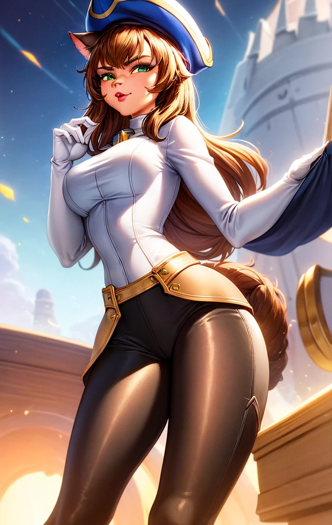 (best quality, masterpiece:1), furry female anthro captain Amelia, brown nose, cat ears, body fur, clothed, hat, blue coat, pants, thigh boots, white gloves, green eyes, looking at viewer, opened mouth, lipstick, eyeshadow, white turtleneck, half-closed eyes,saber (wooden ship space sky background:1.0), pixar style.
