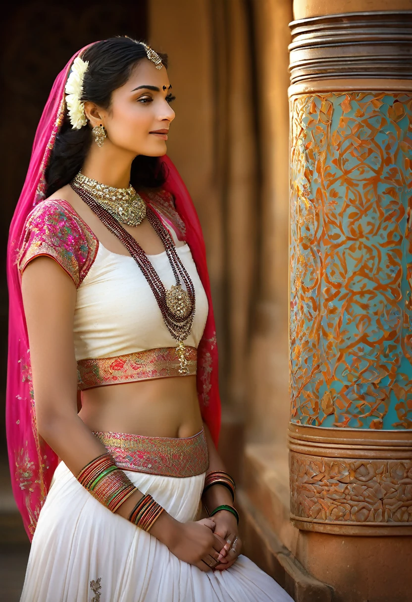 A stunningly beautiful young Indian woman in a vibrant, traditional bare midriff top, adorned with intricate beadwork and colorful embroidery that reflects her cultural heritage. Her soft, flowing skirt reaches her ankles, allowing a glimpse of her silver anklets that complement the delicate henna designs that dance up her legs. With a gentle smile that speaks of peace and contentment, she is kneeling gracefully on a lush, green carpet of freshly picked flowers, her palms pressed together in a prayerful namaste gesture. The top of her outfit is a dazzling display of mirror work that captures the warm light filtering through the nearby arched window. Her long, dark hair is loosely tied back with a string of marigolds, a few loose strands framing her serene face. In the background, standing with poise and dignity, is the Lady of the House, an elegant and mature figure in a richly embroidered sari, her eyes filled with a motherly warmth and pride. The room is an opulent blend of ancient and modern aesthetics, with ornate wooden furniture and intricate tapestries adorning the walls, which are painted a soft, earthy hue. The Lady's sari is a masterpiece of traditional craftsmanship, with gold threads weaving through its fabric, reflecting her status and the household's wealth. The scene is bathed in a warm, golden light, creating a sense of sacredness and unity between the two figures, as they share a moment of silent communication and respect. The young woman's bare midriff is not exposed but rather accentuated by the beautifully tied sash that holds her top in place. The serene expressions on both faces suggest a deep spiritual bond and an unspoken understanding that transcends the barriers of age and hierarchy, as they connect in a shared reverence for the sanctity of their space and the beauty of their culture.