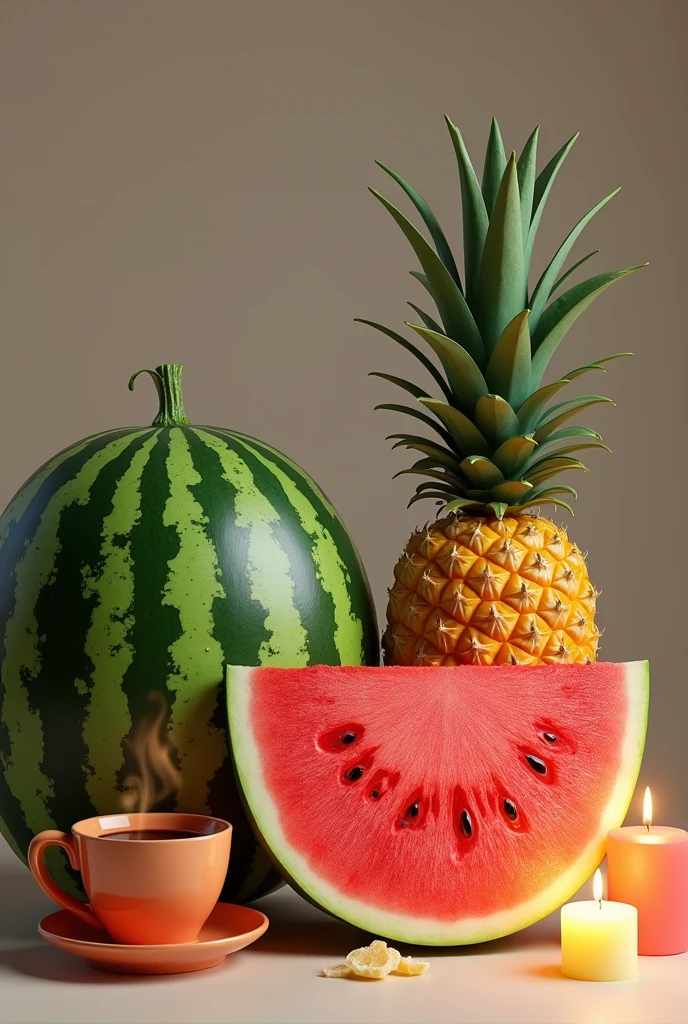 Still life style composition with watermelon, coffee, pineapple and lit candles