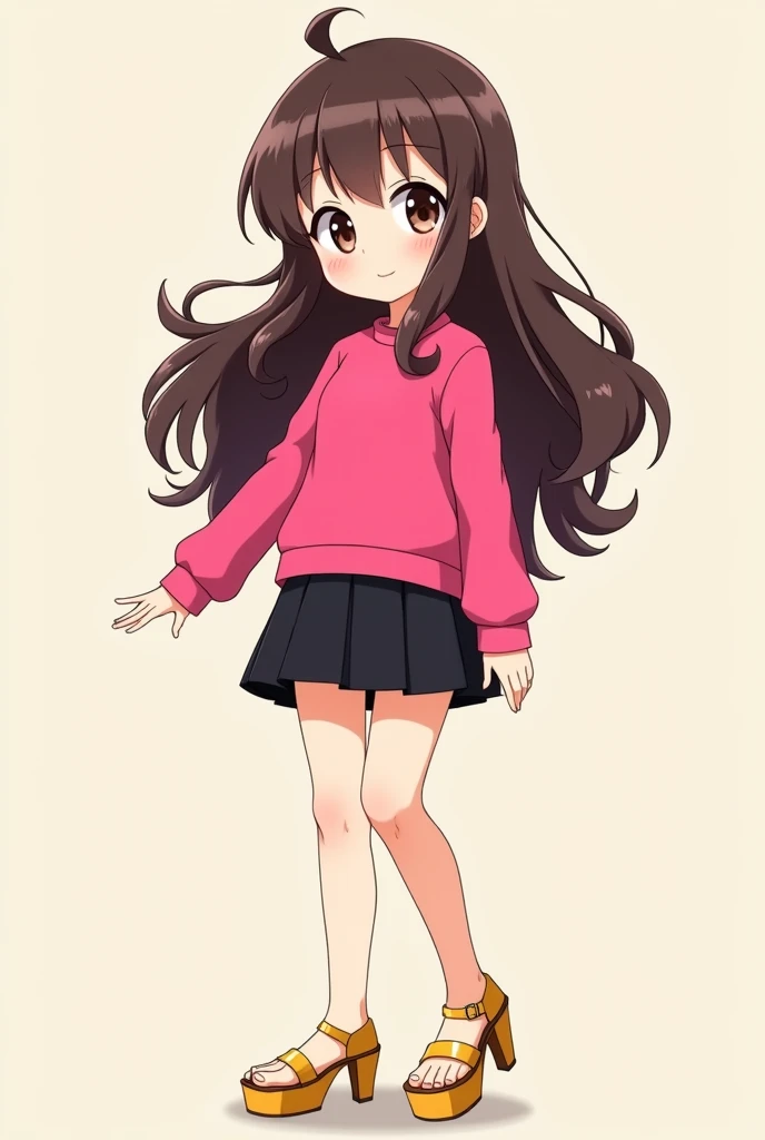 A female anime character who is around , has long wavy hair, has brown eyes, wears a hot pink long-sleeved outfit, wears a black skirt and finally wears gold high-heeled sandals.