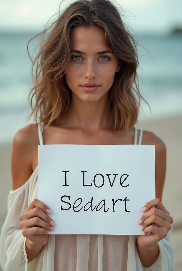 Beautiful girl with wavy long hair, bohemian dress, holding a white board with text "I Love Seaart Infinity" and showing it to the viewer 痩せてる Actual photo